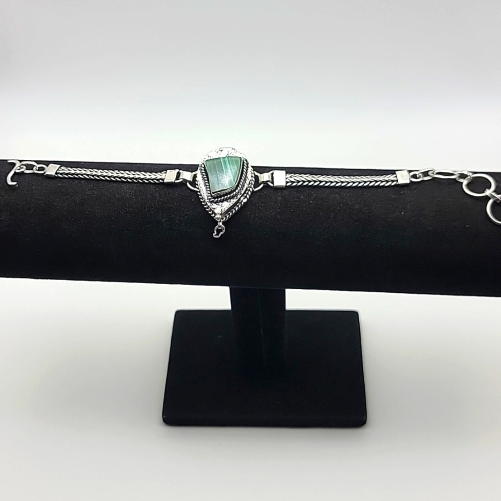 Malachite 925 Silver Plated Poison / Pill Box Bracelet 8.5" Natural Gemstone - Picture 2 of 8